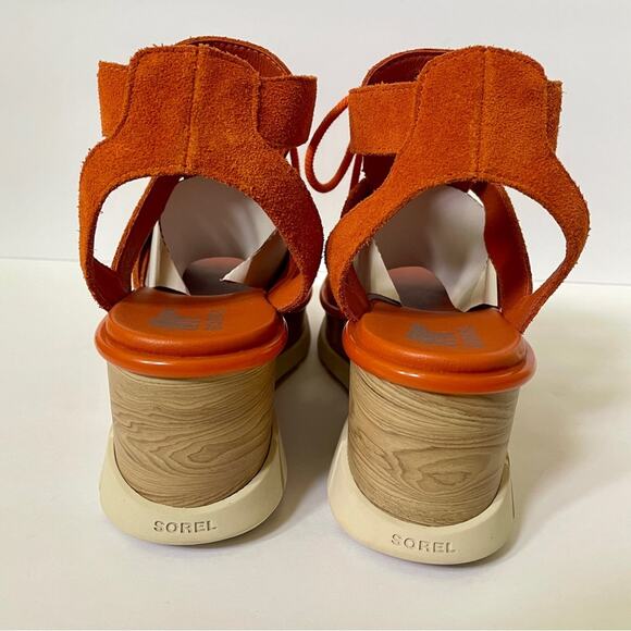 Sorel Joanie III Lace Up Wedge Sandals Orange Suede 70s Style Women’s 11 - Picture 11 of 16